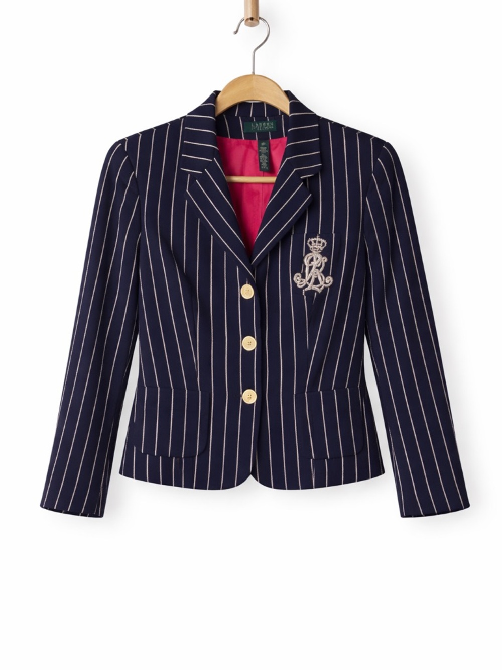 Ralph Lauren Navy Pinstripe Blazer with Crest Embroidery